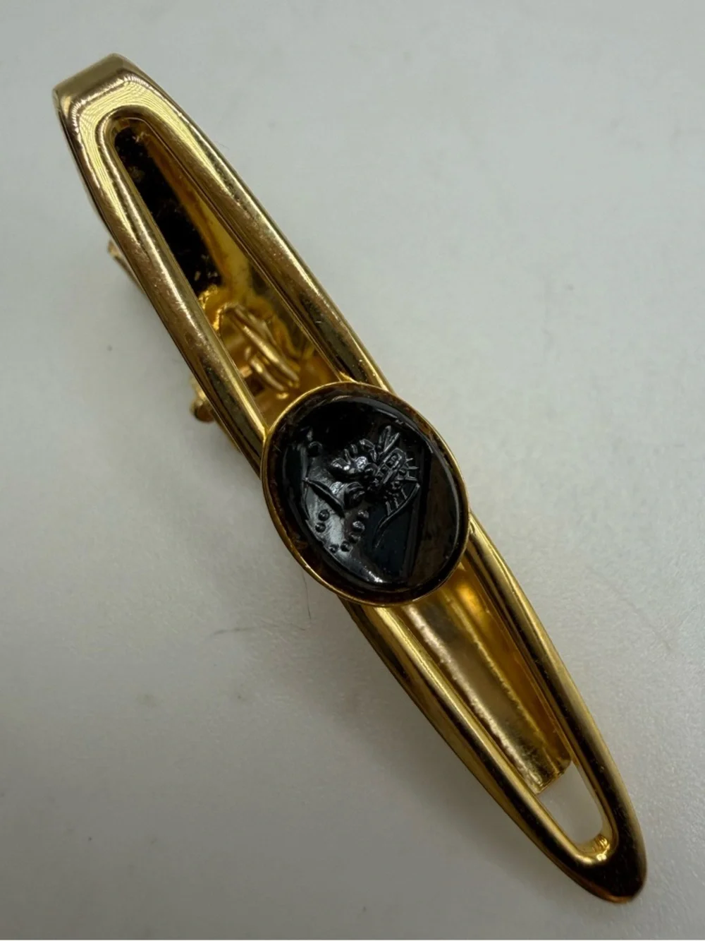Vintage Gold Tone Tie Clip Black Cameo Intaglio Design